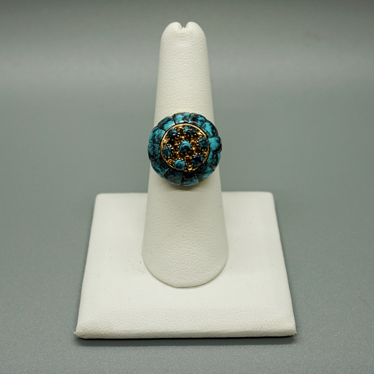 VINTAGE 14kt GOLD & KINGMAN TURQUOISE DOMED RING by LEE & MARY  WEEBOTHEE-ZUNI