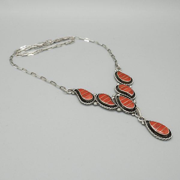 STERLING SILVER AND CORAL NECKLACE & EARRING SET by FAYE LOWSAYATEE – ZUNI - Image 2