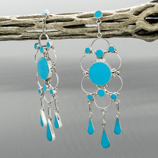 TURQUOISE & STERLING SILVER DANGLE POST EARRINGS by BRYANT OTHOLE– ZUNI - Image 2