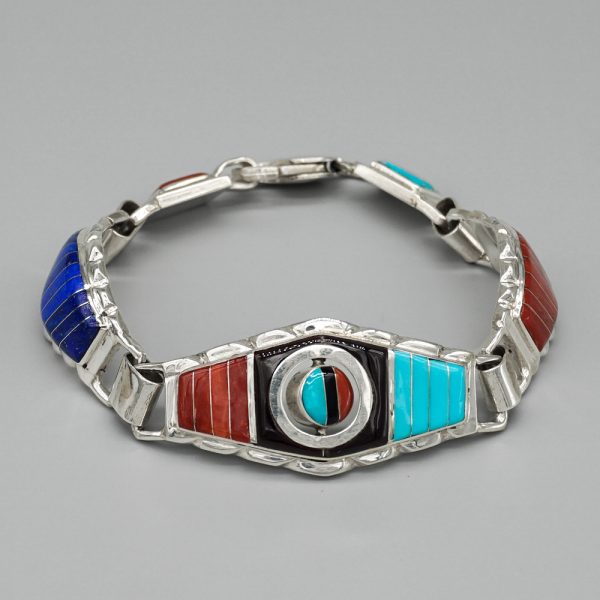 STERLING SILVER AND INLAID SPINNING LINK BRACELET by DON DEWA-ZUNI - Image 2