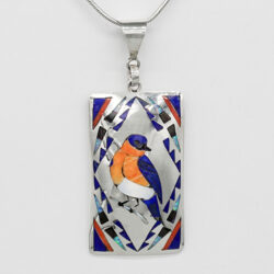 BLUEBIRD STERLING SILVER & INLAY RECTANGULAR PENDANT by QUINTIN QUAM – ZUNI
